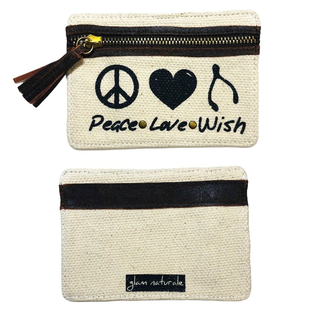 New PEACE LOVE WISH Canvas Pouch leather trim